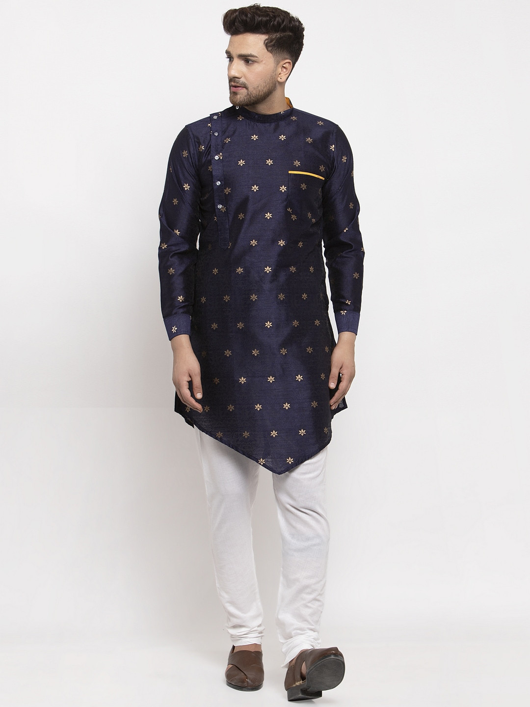 

KLOTTHE Men Navy Blue & Gold-Coloured Woven Design A-Line Kurta