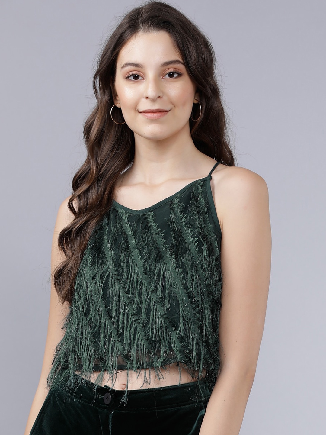

Tokyo Talkies Women Green Fringe Crop Top