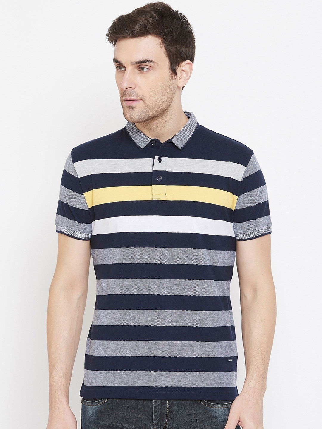 

Crimsoune Club Men Navy Blue Striped Polo Collar T-shirt