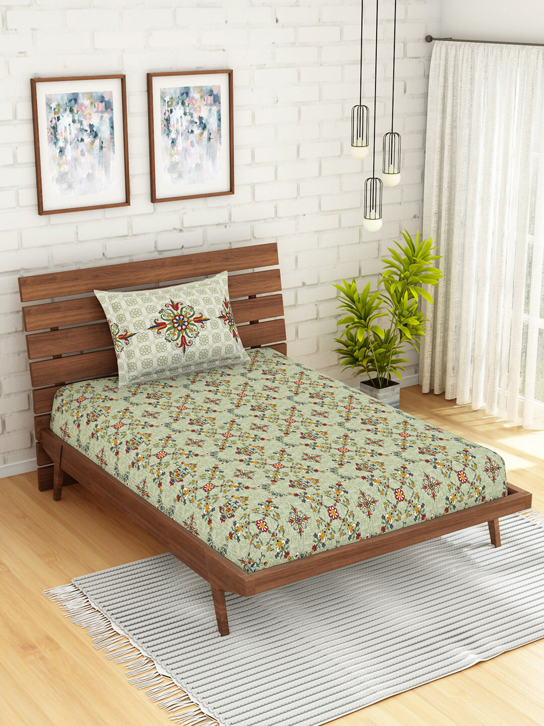 

SPACES Green & Maroon Ethnic Motifs 210 TC Cotton 1 Single Bedsheet with 1 Pillow Cover