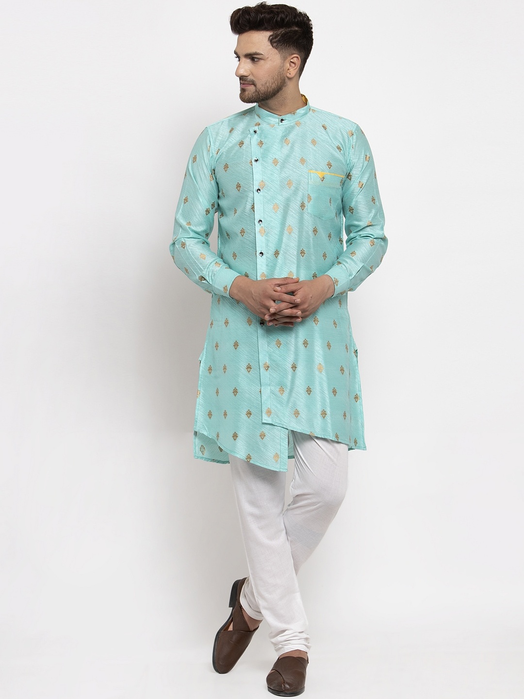 KLOTTHE Men Turquoise Blue & Gold-Coloured Woven Design Straight Kurta