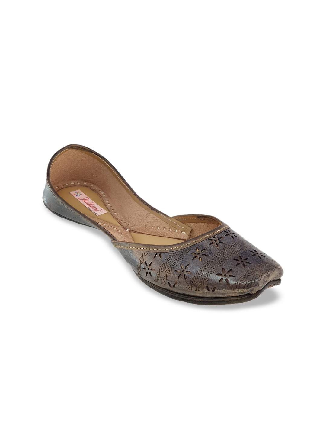 

Fulkari Women Gunmetal-Toned Solid Laser Cut Leather Mojaris, Metallic
