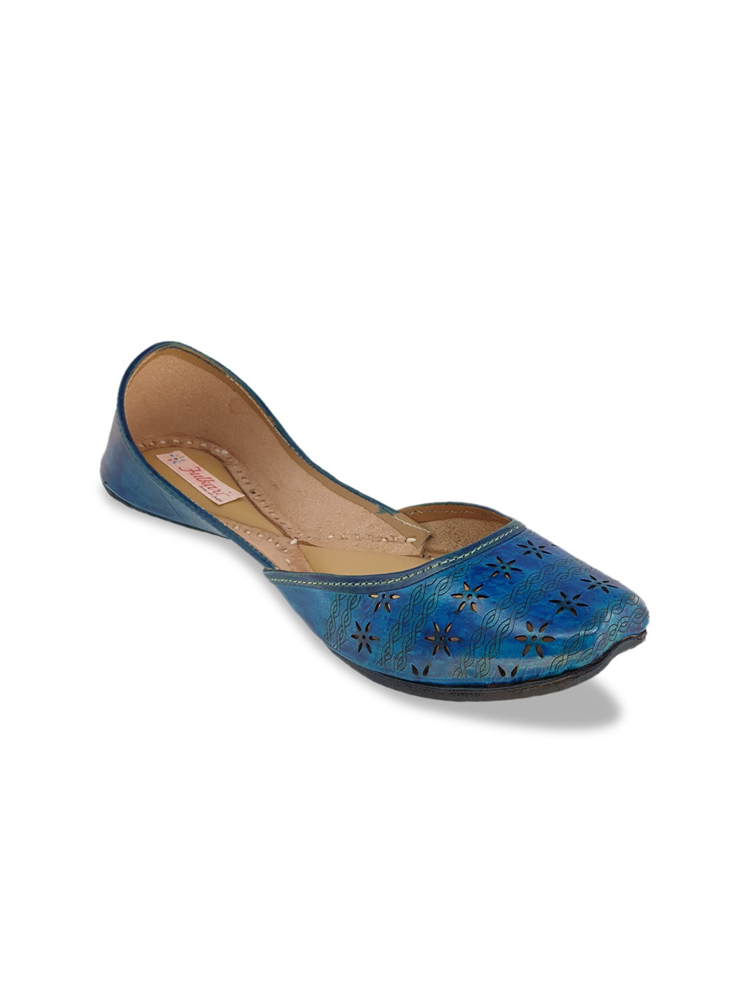 

Fulkari Women Blue Textured Genuine Leather Mojaris