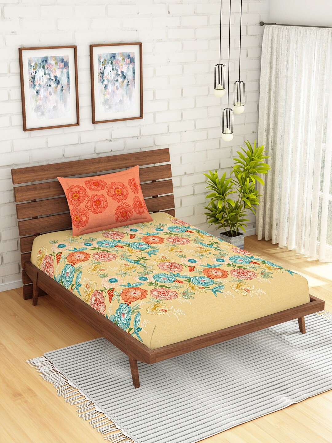 

SPACES Beige & Red Floral 210 TC Cotton 1 Single Bedsheet with 1 Pillow Cover