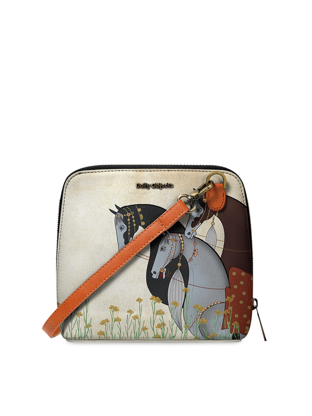 

DailyObjects Off-White & Black Three Horsies - Trapeze Printed Sling Bag