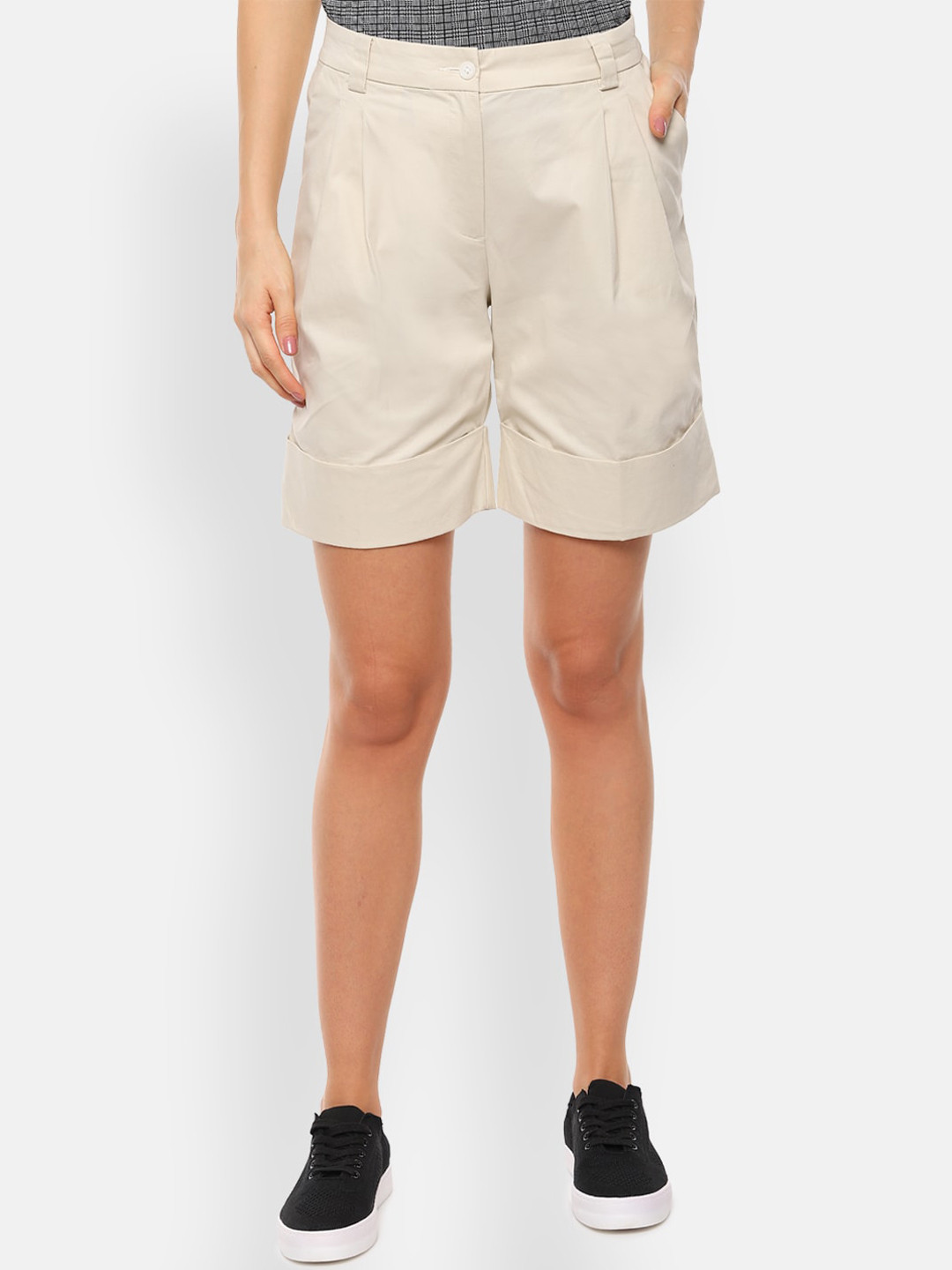 

Van Heusen Woman Women Cream-Coloured Solid Regular Fit Regular Shorts