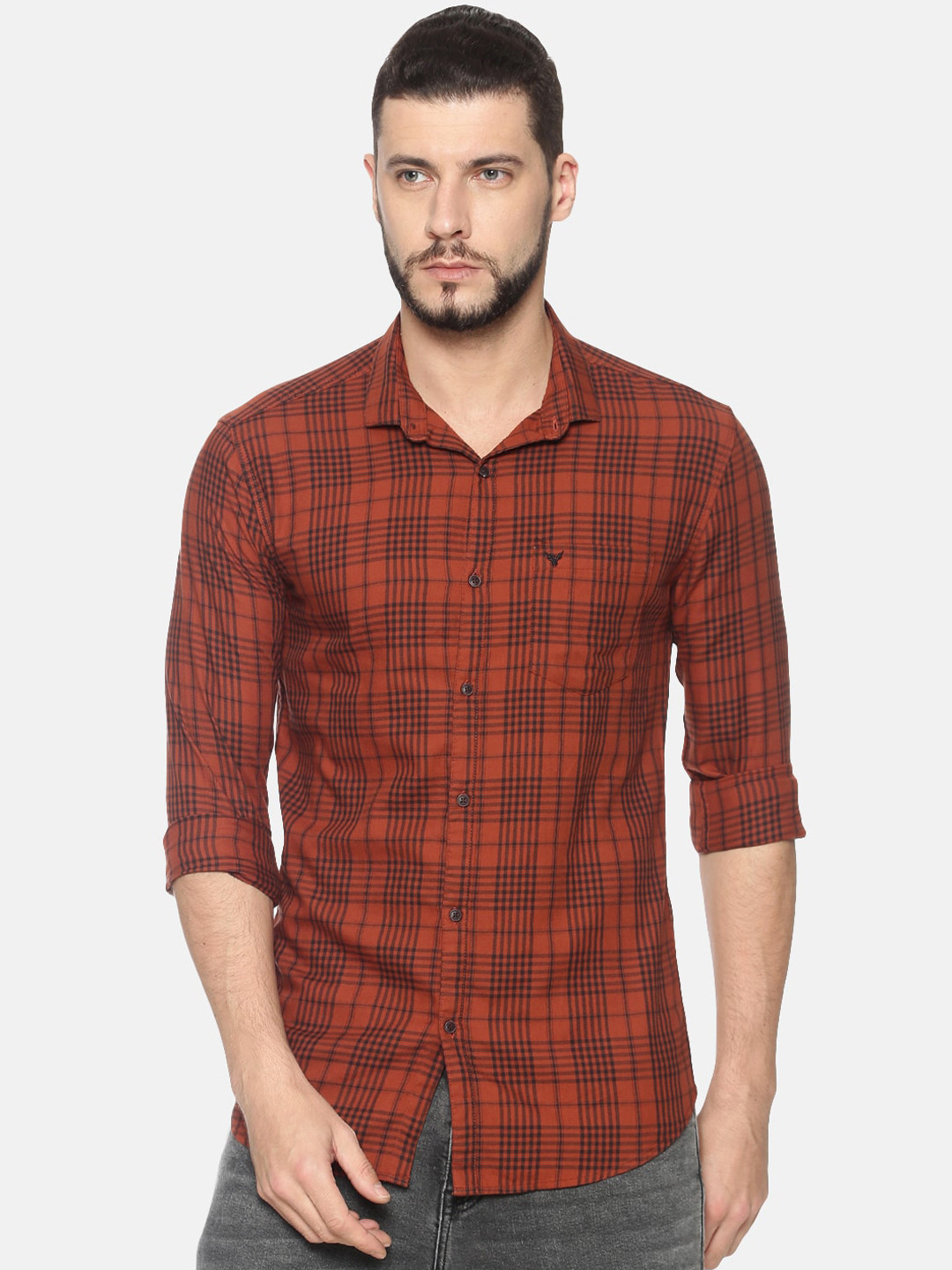 

SHOWOFF Men Orange & Black Slim Fit Checked Casual Shirt