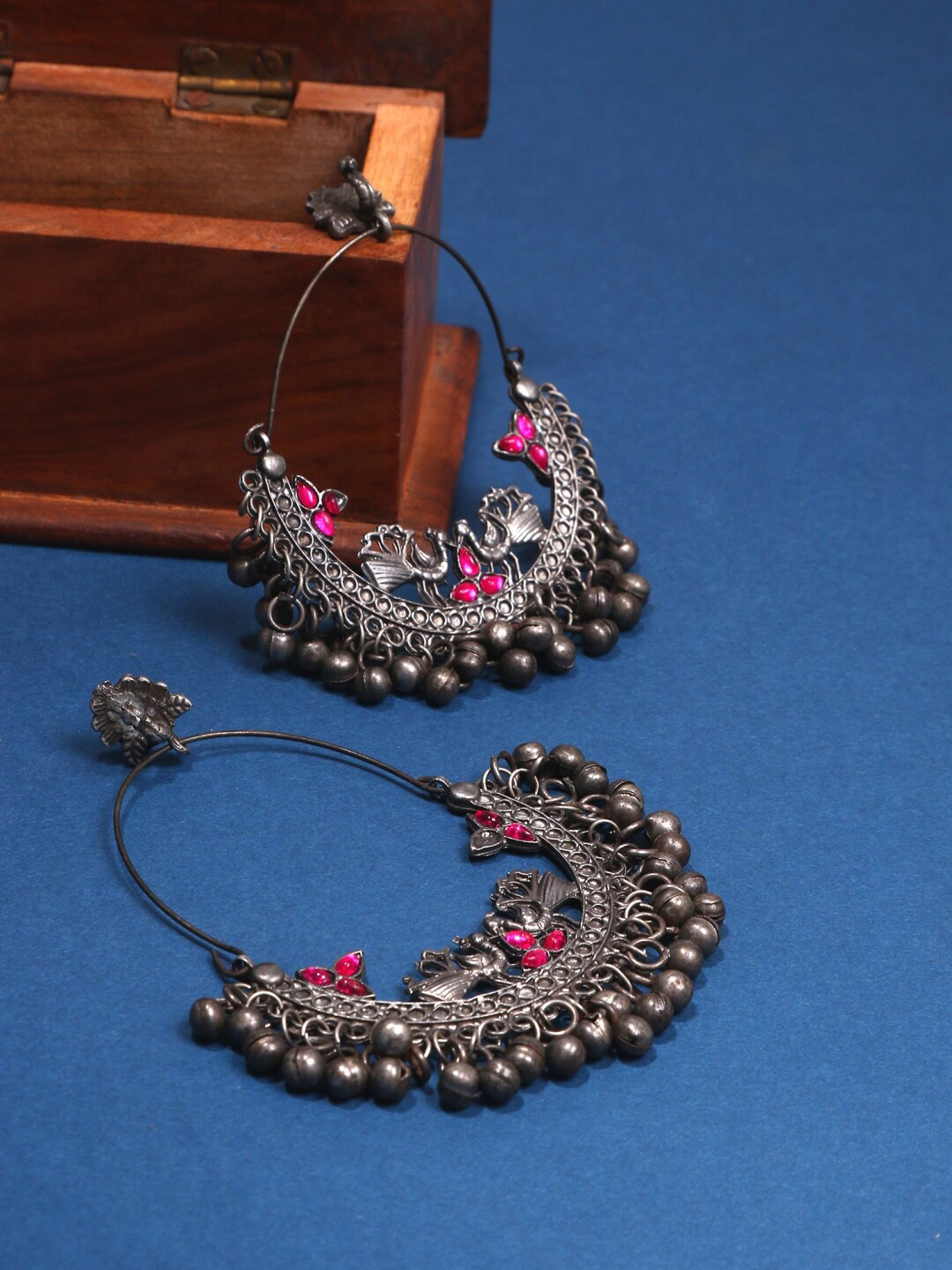 

Infuzze Silver-Plated Oxidised Crescent Shaped Chandbalis, Pink