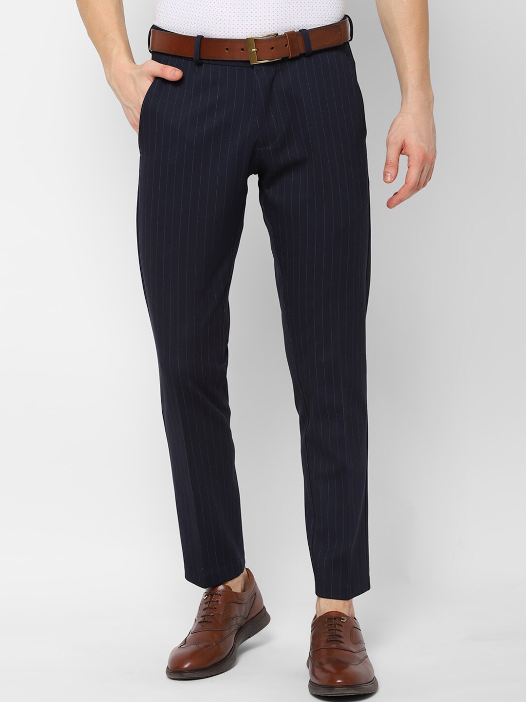 

Allen Solly Sport Men Navy Blue & White Slim Fit Striped Regular Trousers