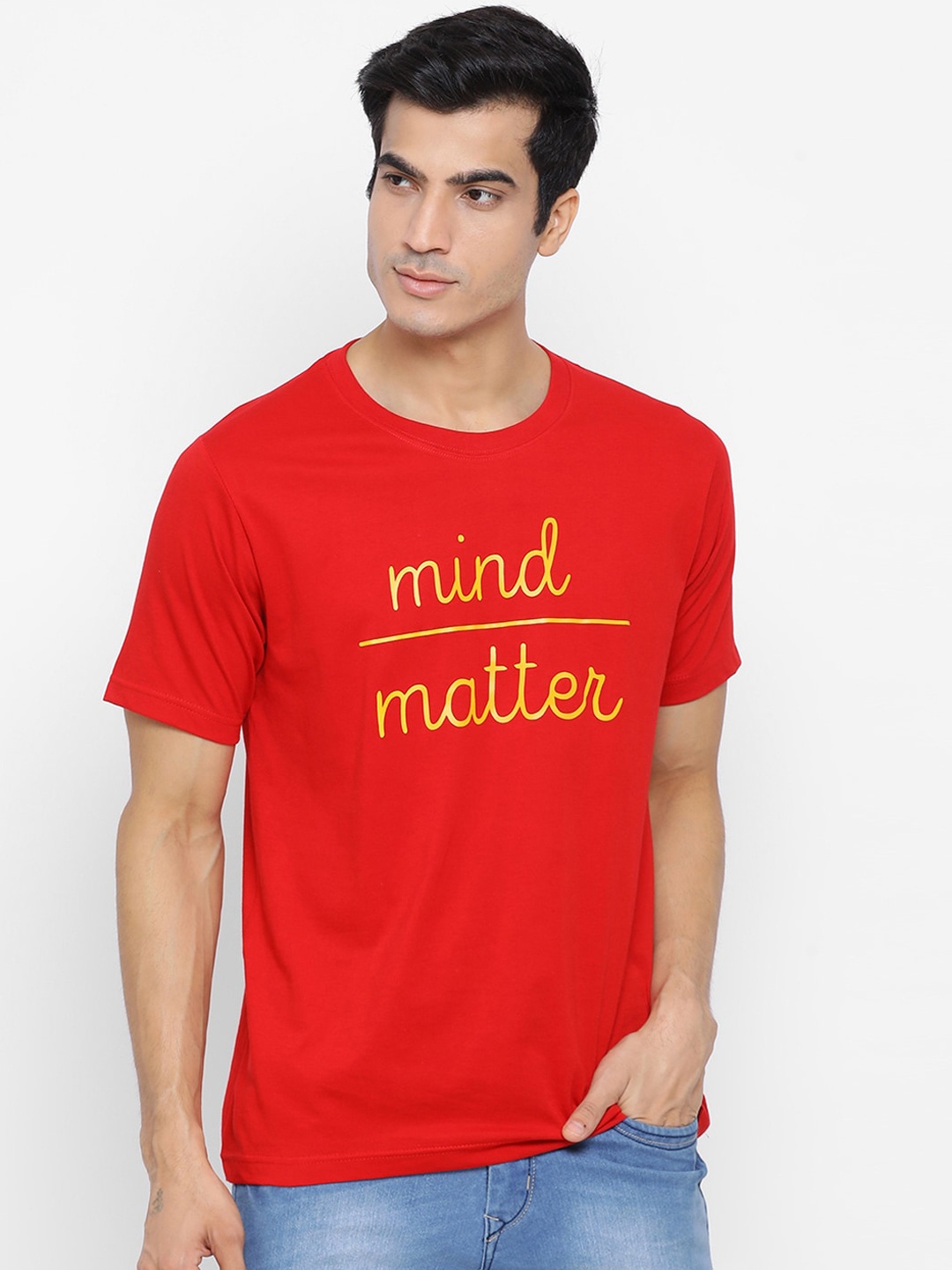 YOLOCLAN Men Red Solid Round Neck Pure Cotton T-shirt