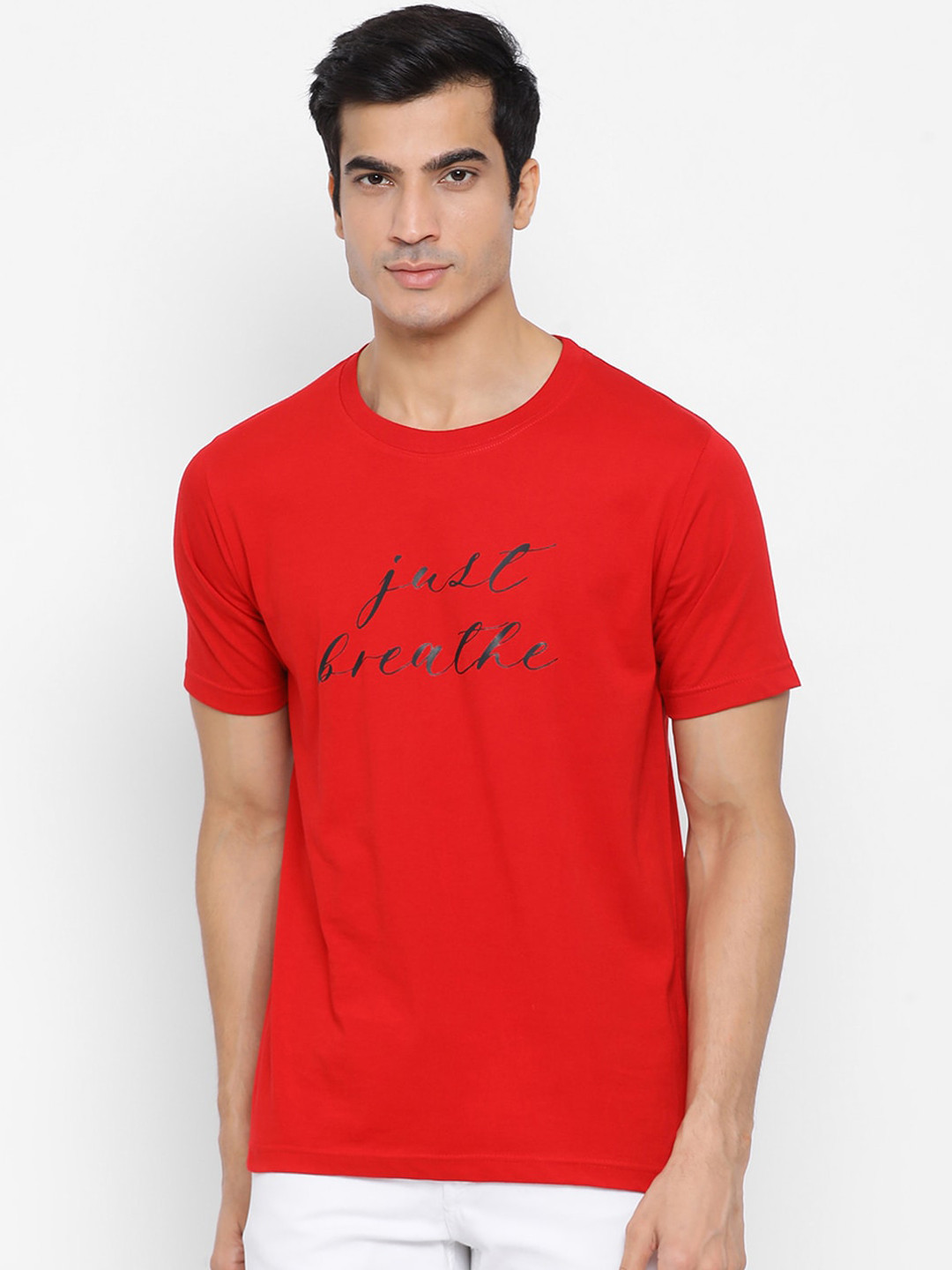 

YOLOCLAN Men Red Printed Round Neck Pure Cotton T-shirt