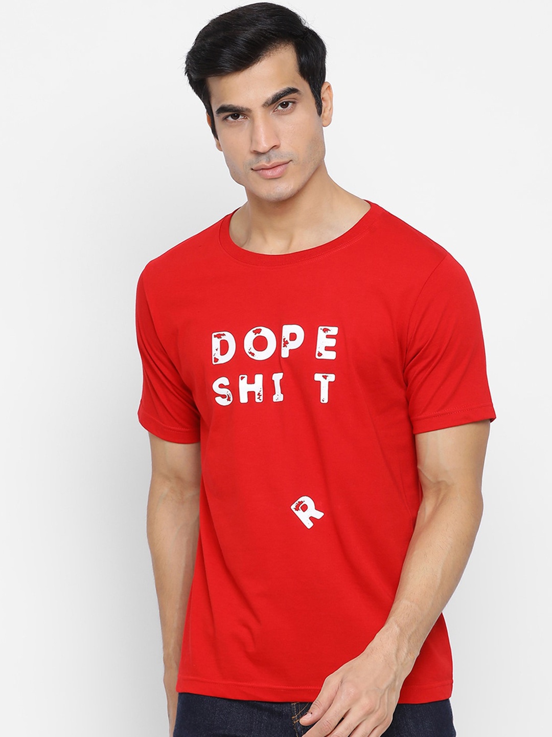 

YOLOCLAN Men Red White Printed Round Neck Pure Cotton T-shirt