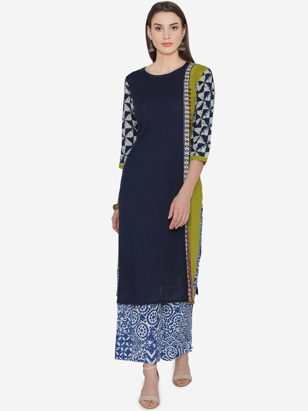 

Kifahari Women Navy Blue & Lime Green Printed Kurta with Palazzos
