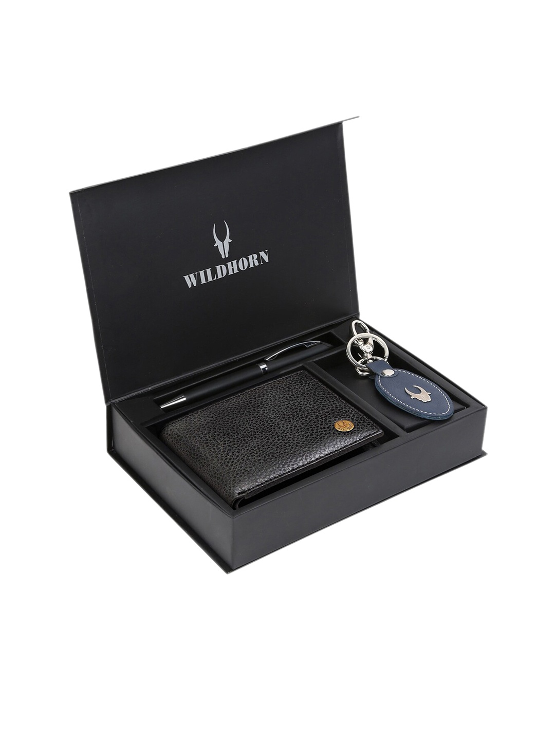 WildHorn Men Black & Blue RFID Protected Genuine Leather Wallet & Pen Accessory Gift Set
