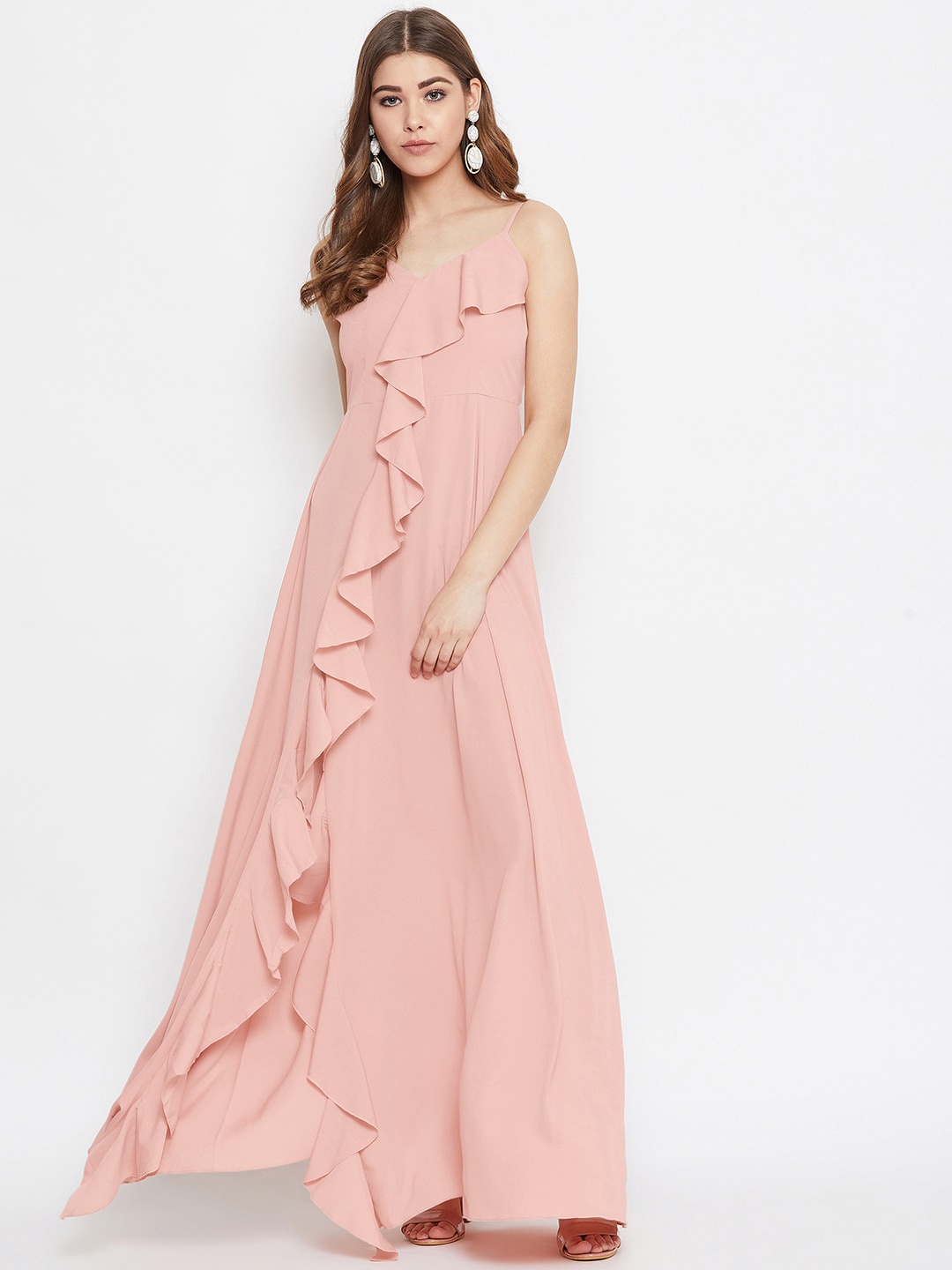 

Berrylush Women Pink Solid Ruffled Maxi Dress