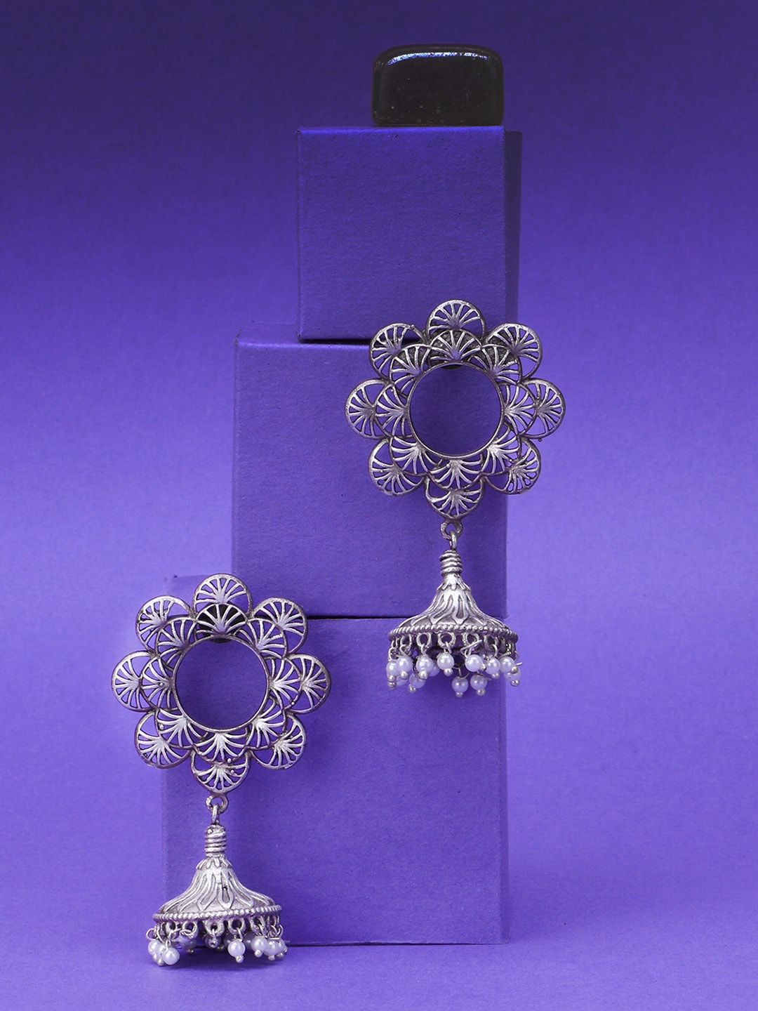 

Adwitiya Collection Silver-Plated Filigree Classic Jhumkas