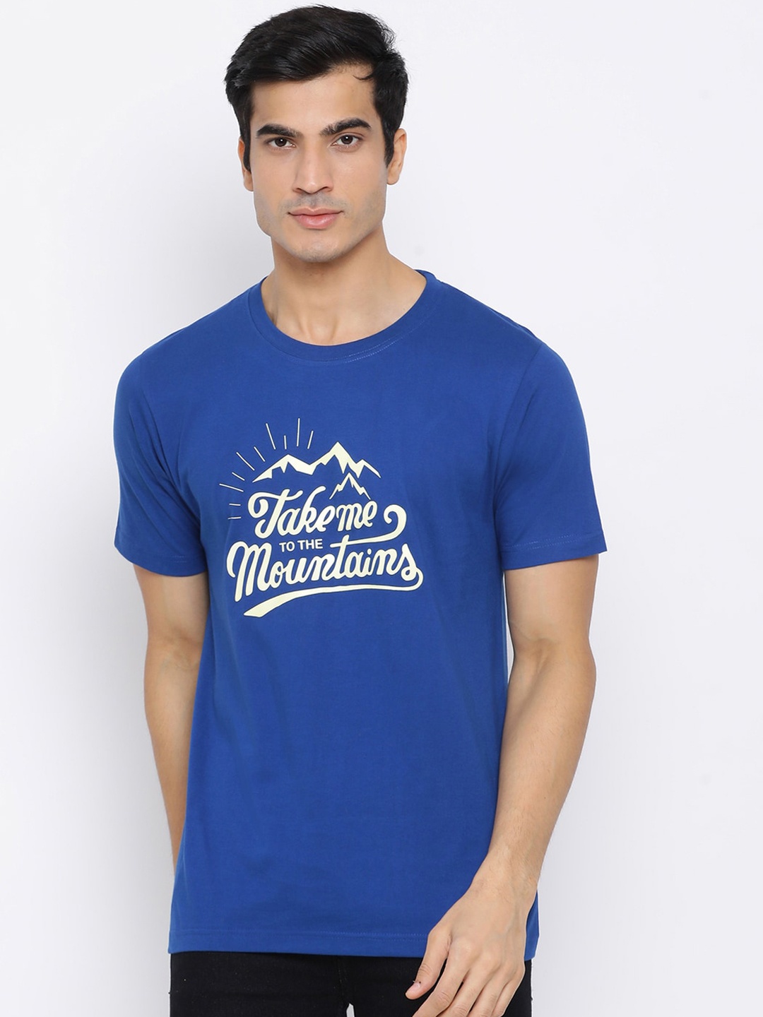 

YOLOCLAN Men Blue White Printed Round Neck Pure Cotton T-shirt