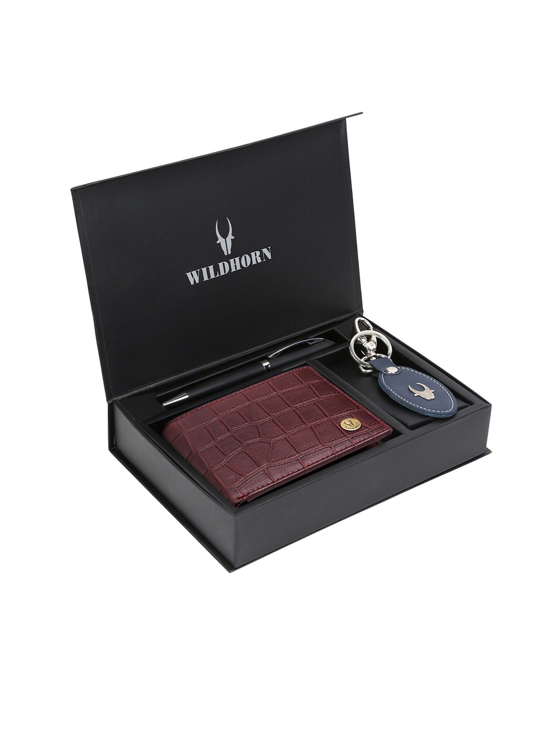 WildHorn Men Brown & Blue RFID Protected Genuine Leather Wallet & Pen Accessory Gift Set