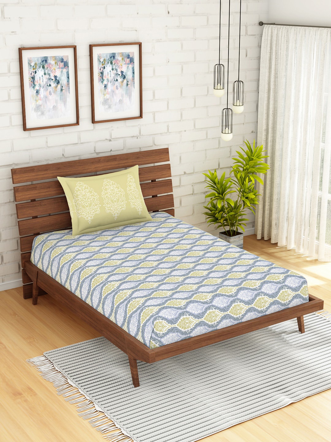 SPACES Grey & White Abstract 210 TC Cotton 1 Single Bedsheet with 1 Pillow Covers