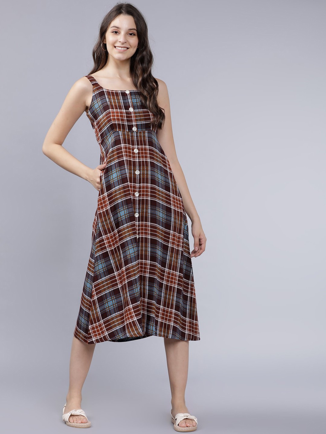 

Tokyo Talkies Women Burgundy Checked Fit and Flare Dress