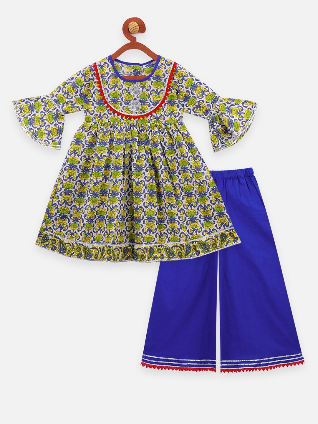 

LilPicks Girls Green & White Printed Kurta with Blue Palazzos