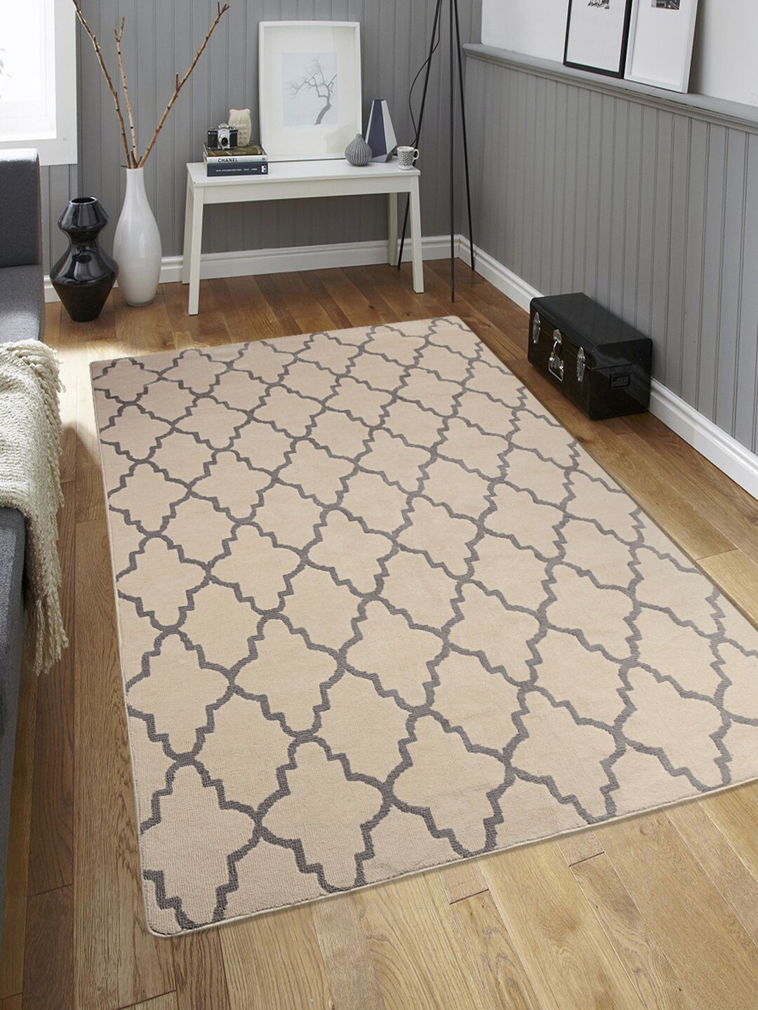 

Saral Home Beige & Grey Geometric Ogee Designer Anti-Skid Carpet