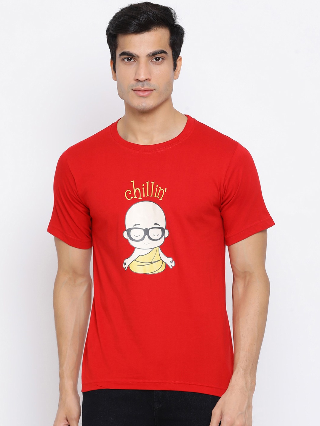 

YOLOCLAN Men Red Yellow Printed Round Neck Pure Cotton T-shirt