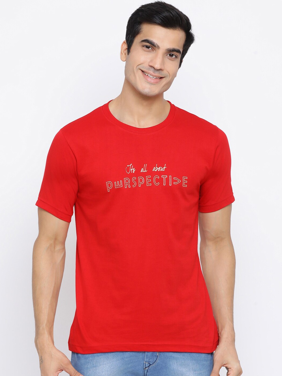 

YOLOCLAN Men Red Perspective Printed Round Neck Pure Cotton T-shirt