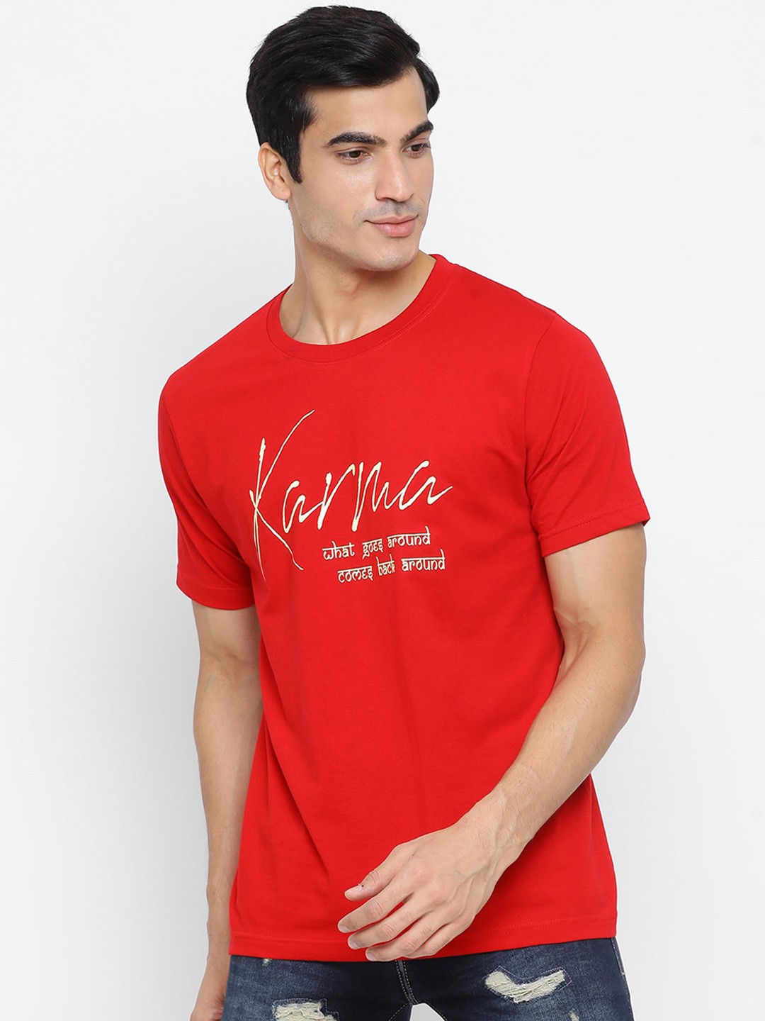 

YOLOCLAN Men Red Beige Printed Round Neck Pure Cotton T-shirt