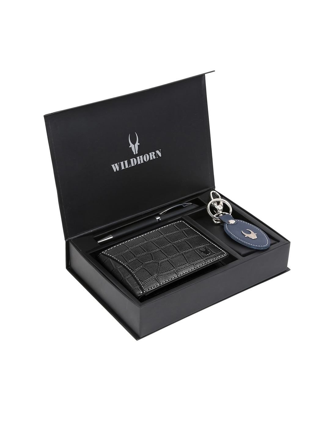 

WildHorn Men Black & Blue RFID Protected Genuine Leather Wallet & Pen Accessory Gift Set