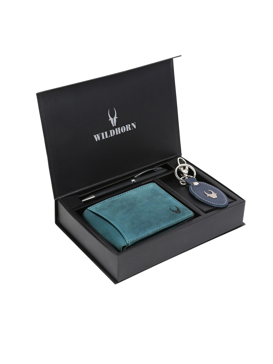 WildHorn Men RFID Protected Genuine Leather Accessory Gift Set, Teal
