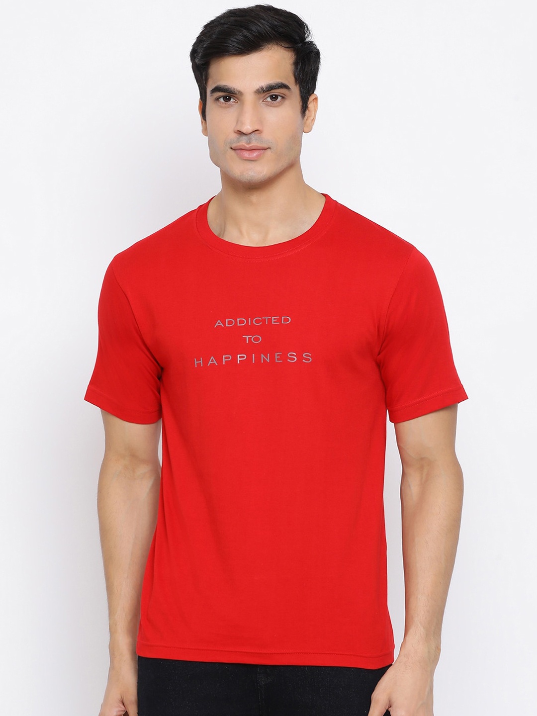 

YOLOCLAN Men Red Printed Round Neck Pure Cotton T-shirt