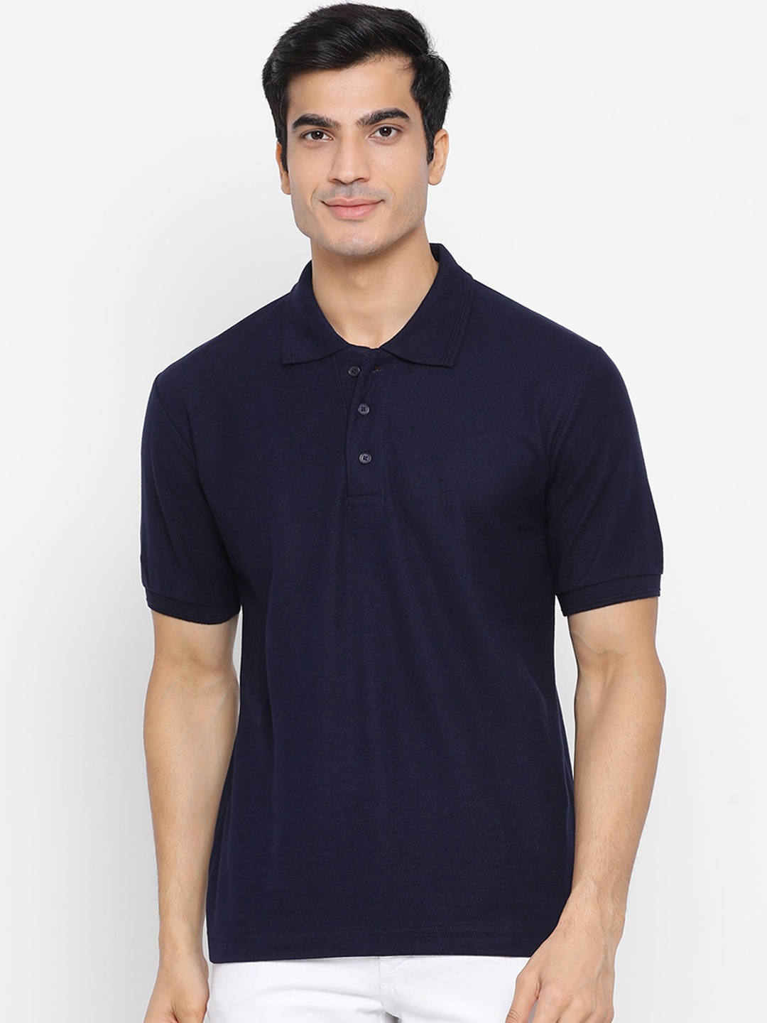 

YOLOCLAN Men Navy Blue Solid Polo Collar Pure Cotton T-shirt