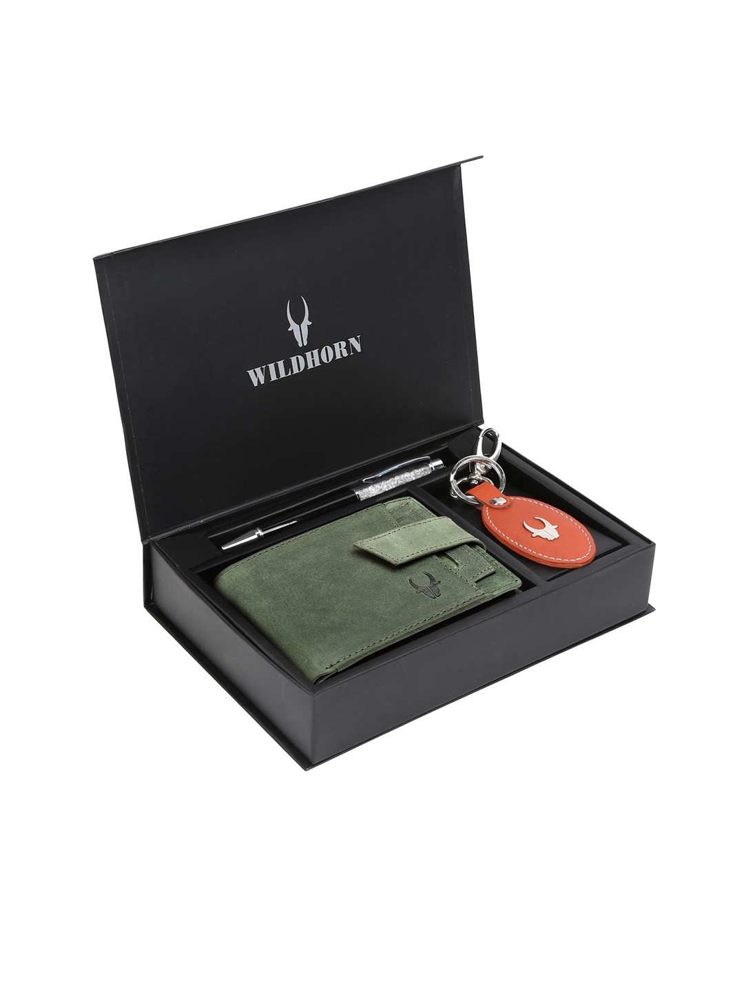 WildHorn Men Green & Orange RFID Protected Genuine Leather Accessory Gift Set