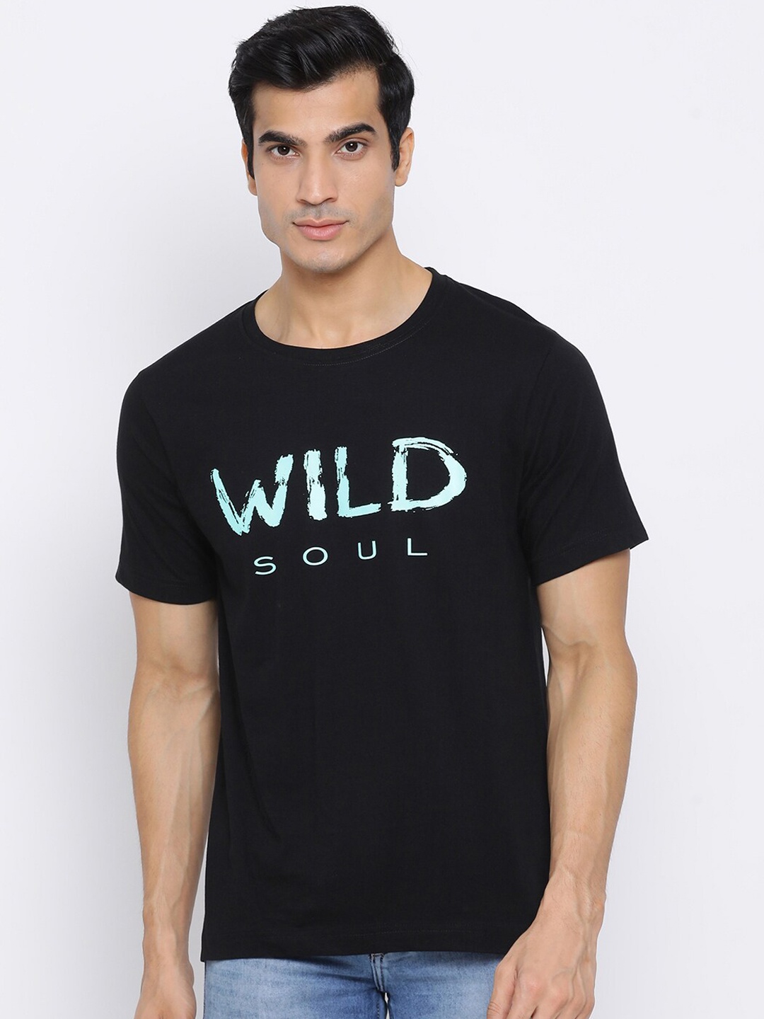 YOLOCLAN Men Black Blue Printed Round Neck Pure Cotton T-shirt
