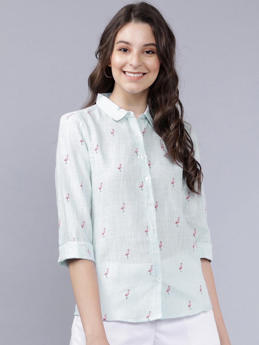 

Tokyo Talkies Women Blue & White Regular Fit Striped Casual Shirt