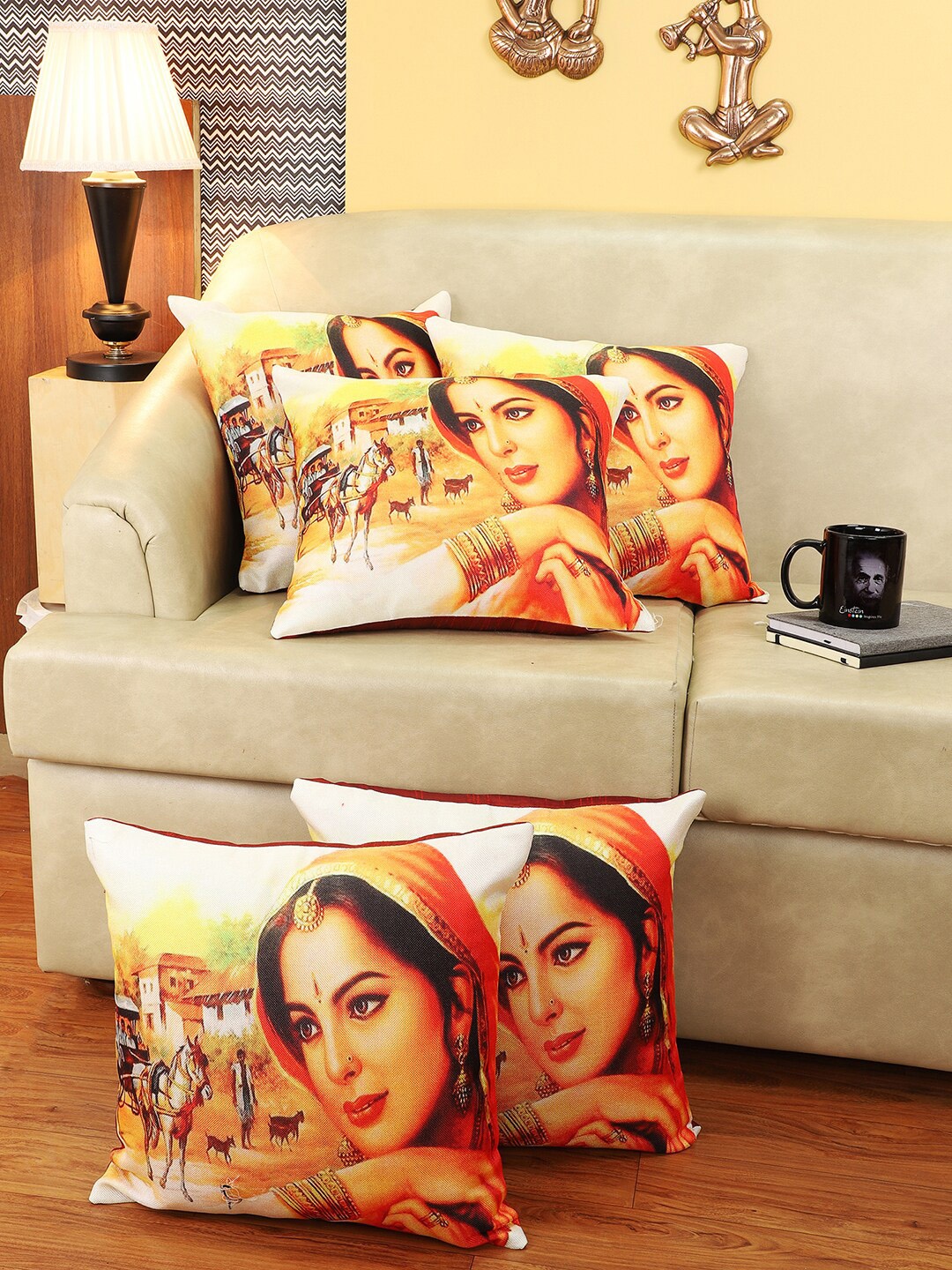 

CDI Set Of 5 Rajasthani Folk Art Printed Cushion Cover, Orange