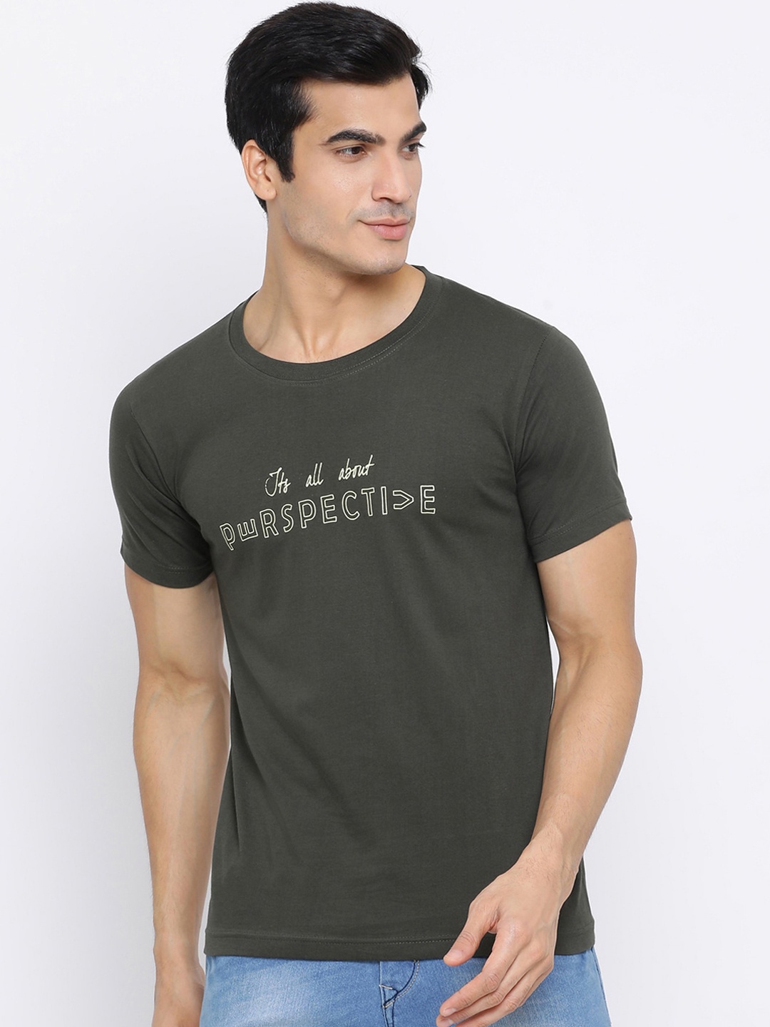 

YOLOCLAN Men Green Beige Printed Round Neck Pure Cotton T-shirt