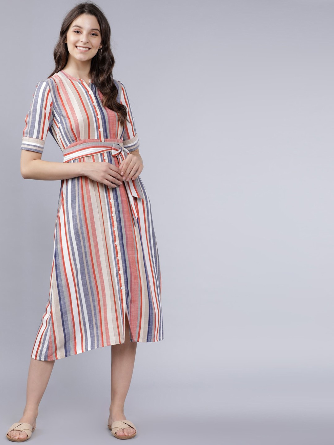

Tokyo Talkies Women Beige & Blue Striped Shirt Dress