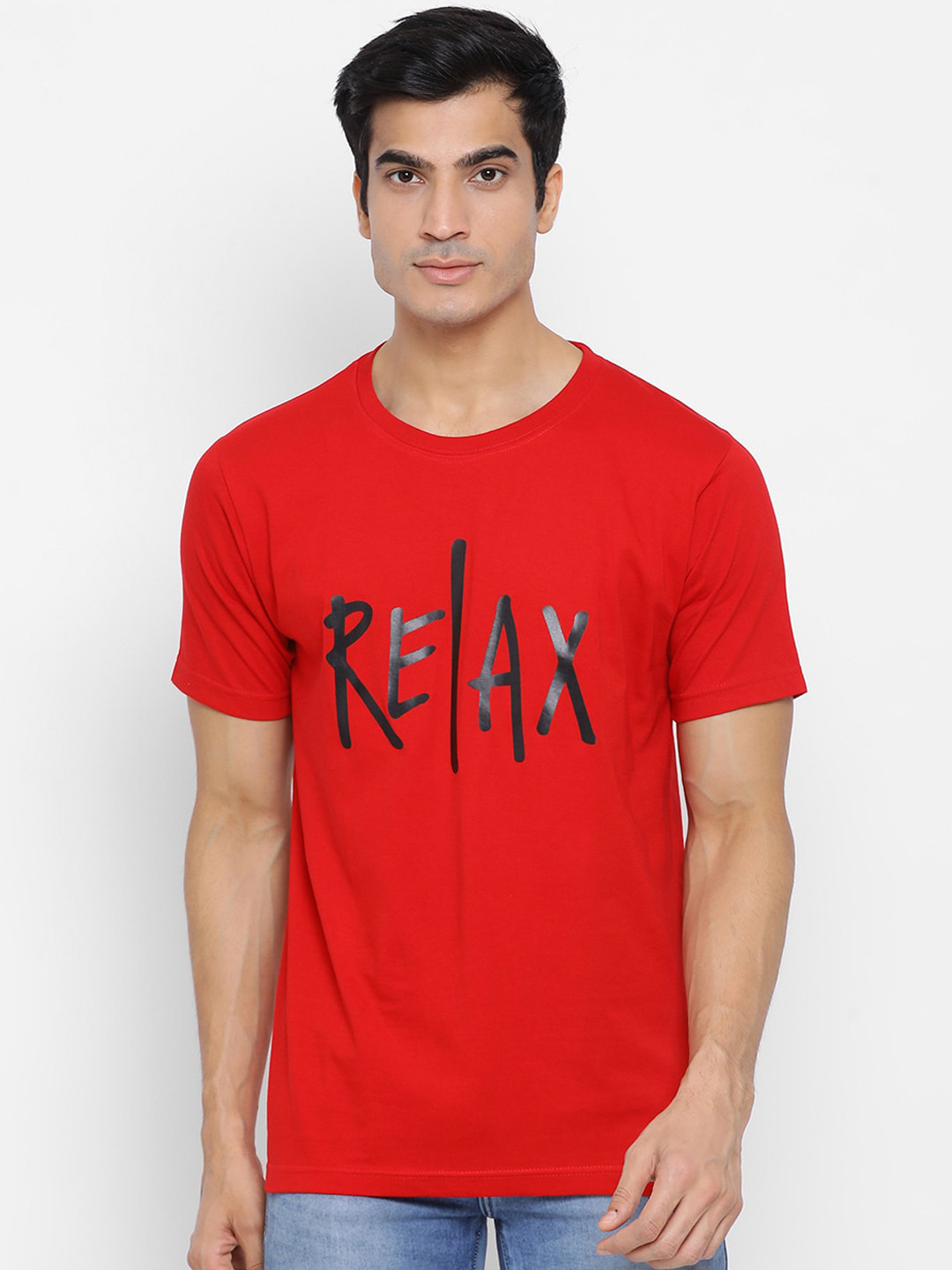 

YOLOCLAN Men Red Black Printed Round Neck Pure Cotton T-shirt
