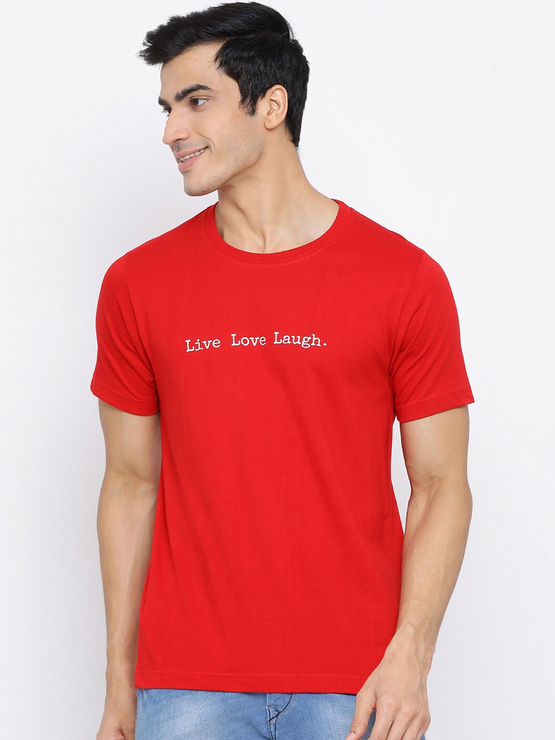 

YOLOCLAN Men Red Printed Round Neck Pure Cotton T-shirt
