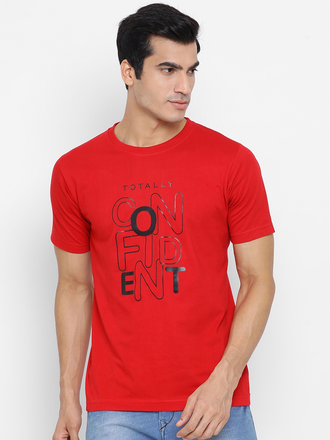 

YOLOCLAN Men Red Printed Round Neck Pure Cotton T-shirt