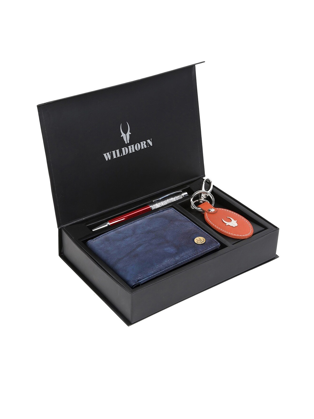 WildHorn Men RFID Protected Genuine Leather Accessory Gift Set, Blue