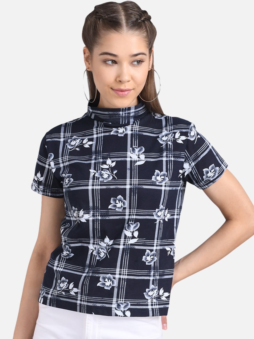 

Kotty Women Navy Blue & White Floral Checked Pure Cotton Top