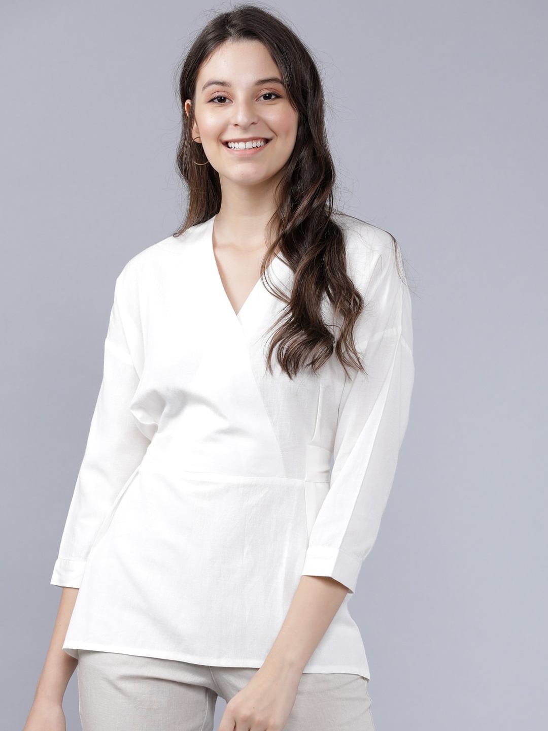 Tokyo Talkies Women Cream-Coloured Solid Wrap Top