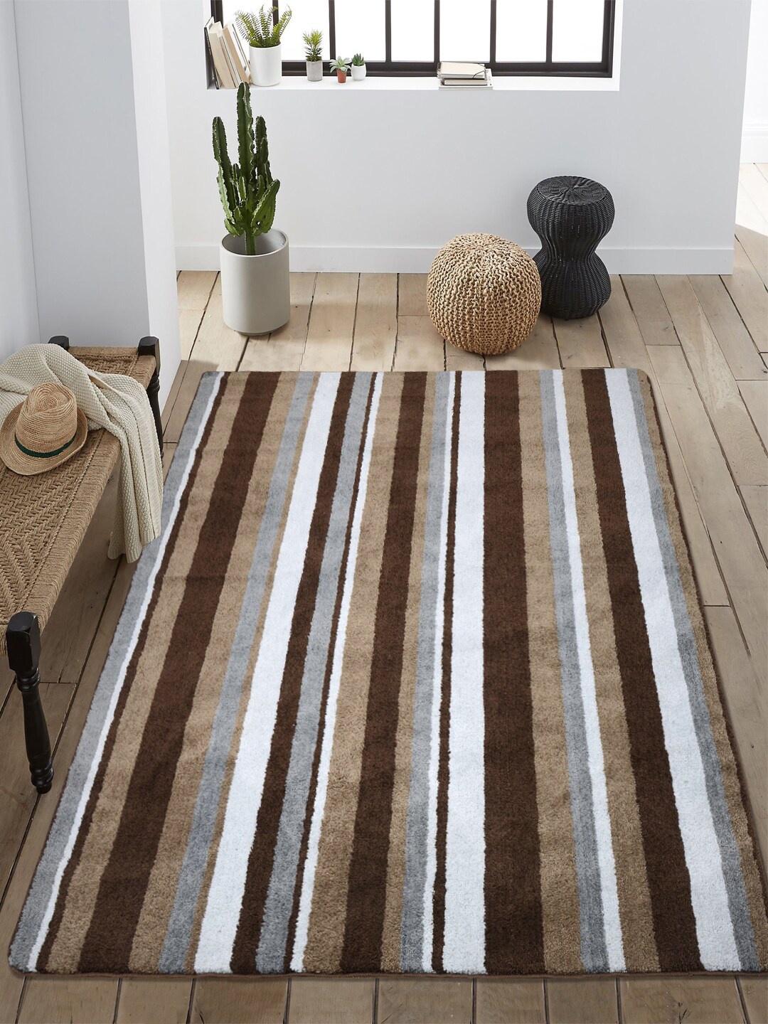 

Saral Home Brown & Grey Striped Designer Anti-Skid Carpet