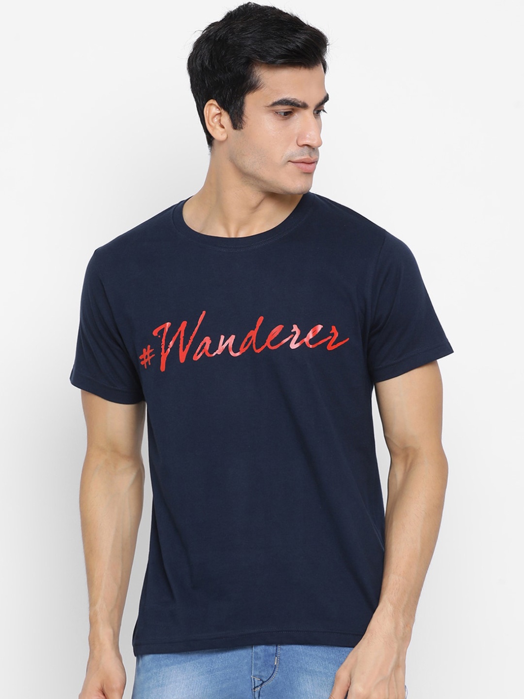 

YOLOCLAN Men Navy Blue Printed Round Neck Pure Cotton T-shirt