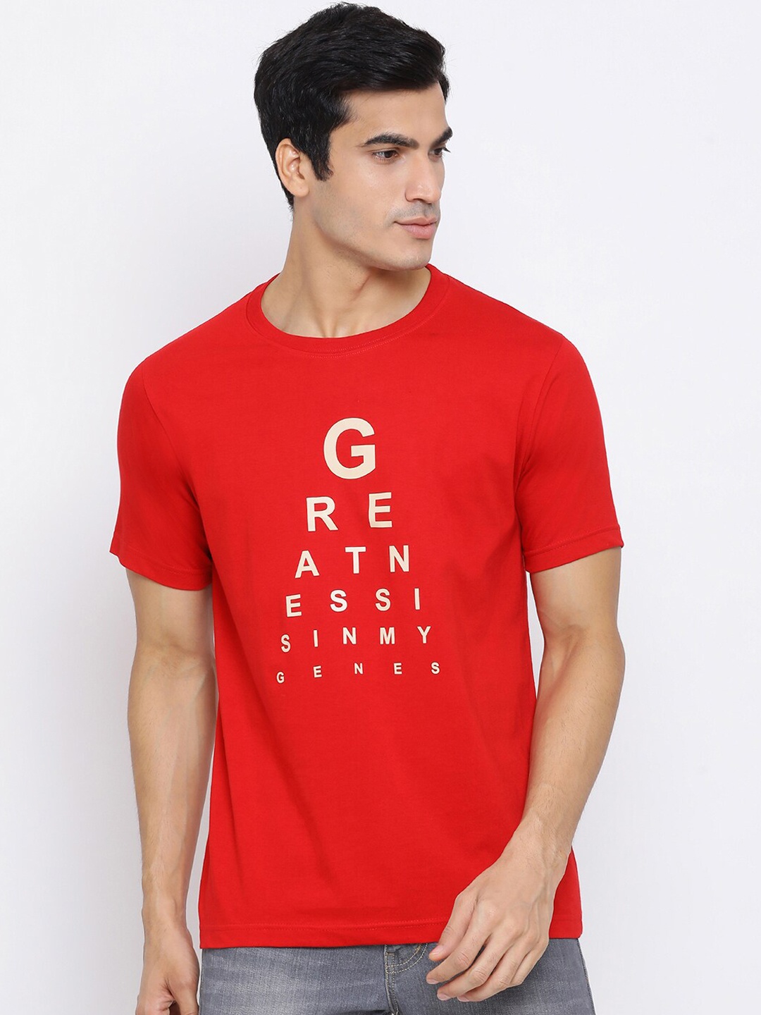 

YOLOCLAN Men Red Printed Round Neck Pure Cotton T-shirt
