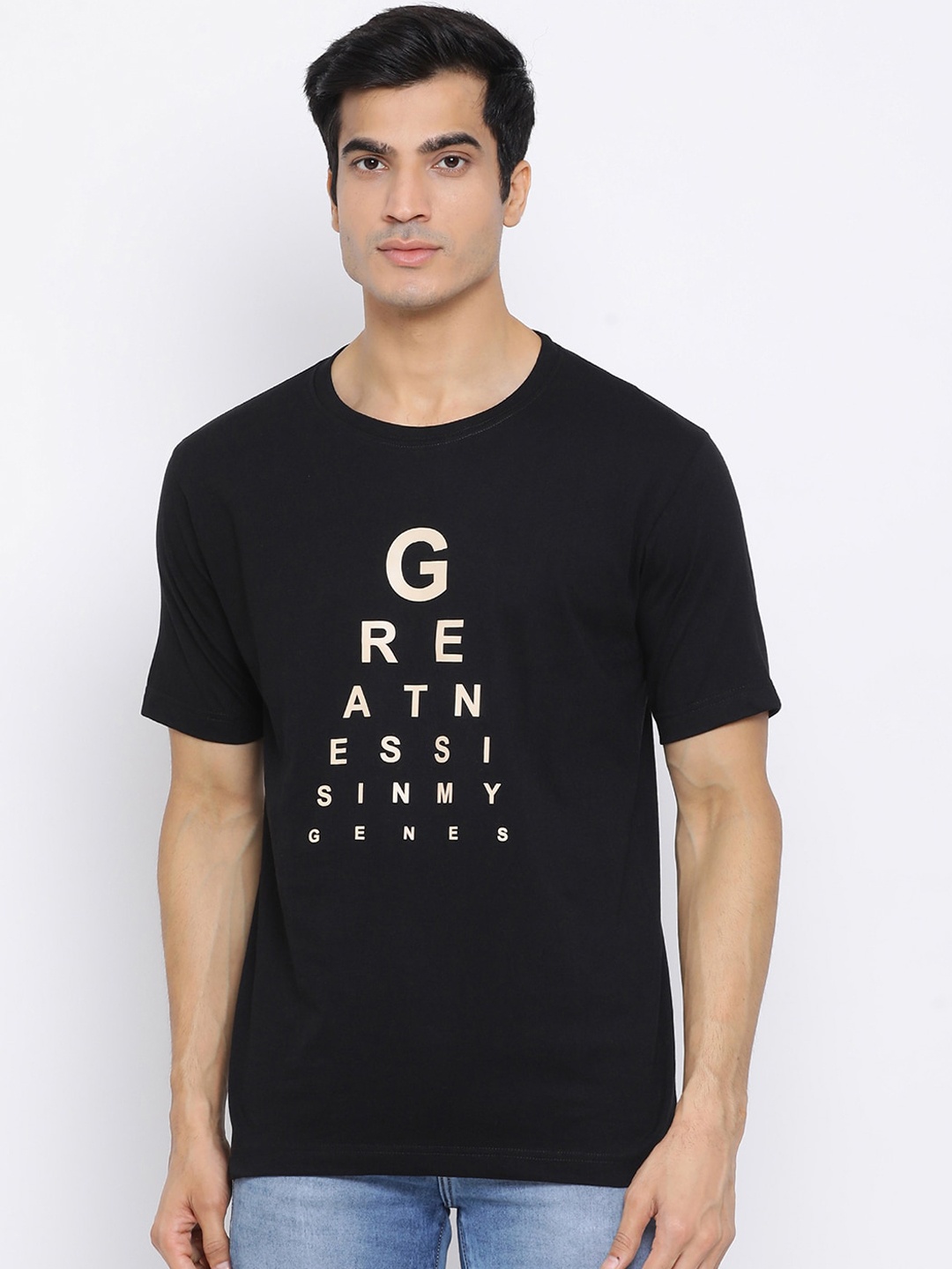 

YOLOCLAN Men Black Beige Printed Round Neck Pure Cotton T-shirt