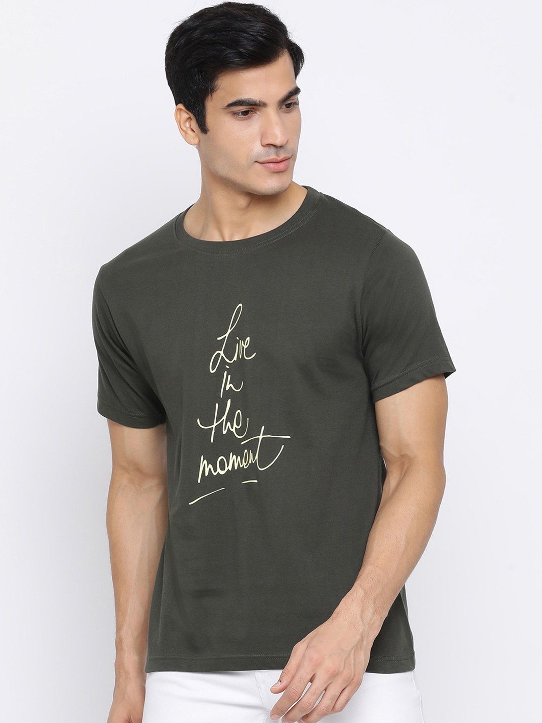 

YOLOCLAN Men Green Beige Printed Round Neck Pure Cotton T-shirt